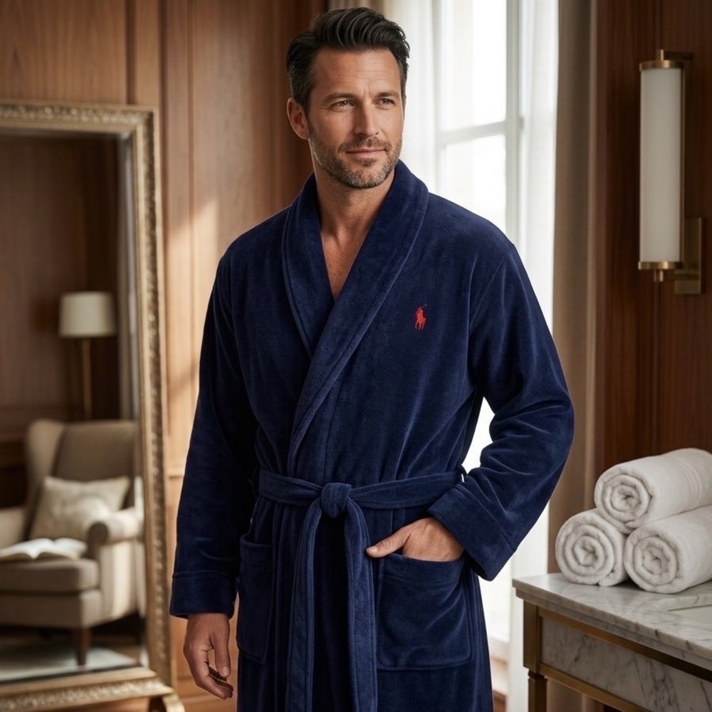 Polo Ralph Lauren Mens Navy Blue Terry Cloth Robe Shawl Collar Red Pony Size S/M
